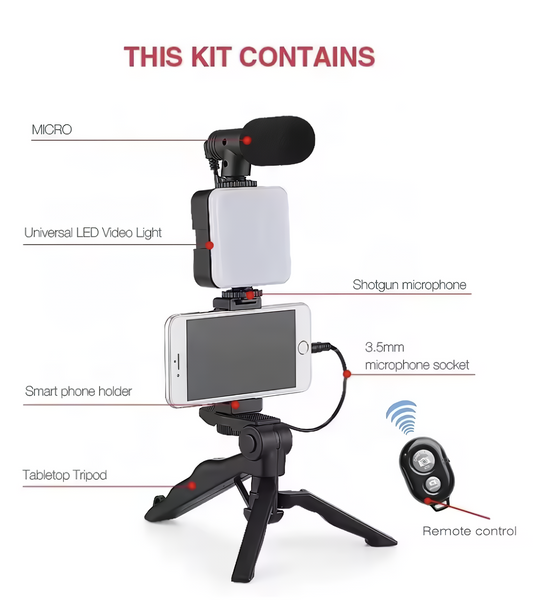 Kit Cámara Vlogger: Luz + Soporte + Micrófono